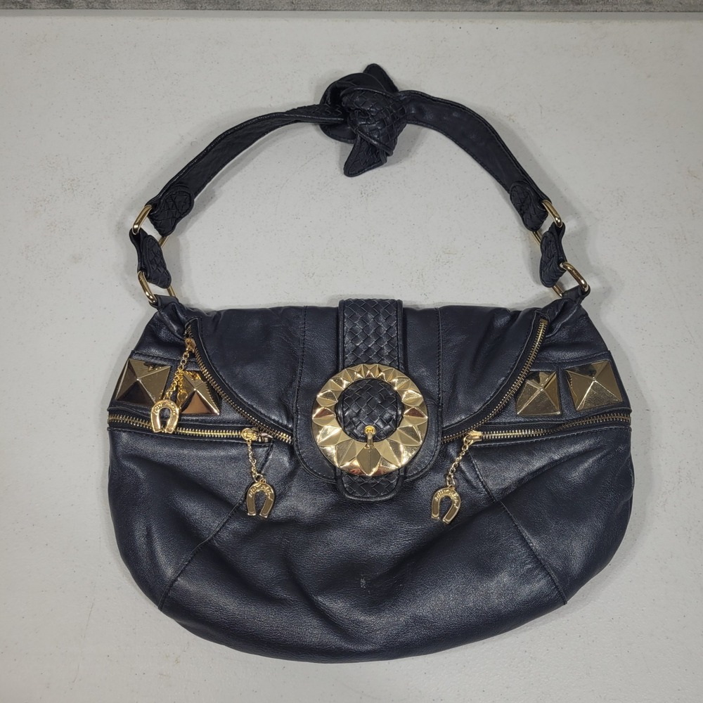 Vintage Betsey Johnson Pyramid Stud Hobo Bag Black Leather Studded Horseshoe